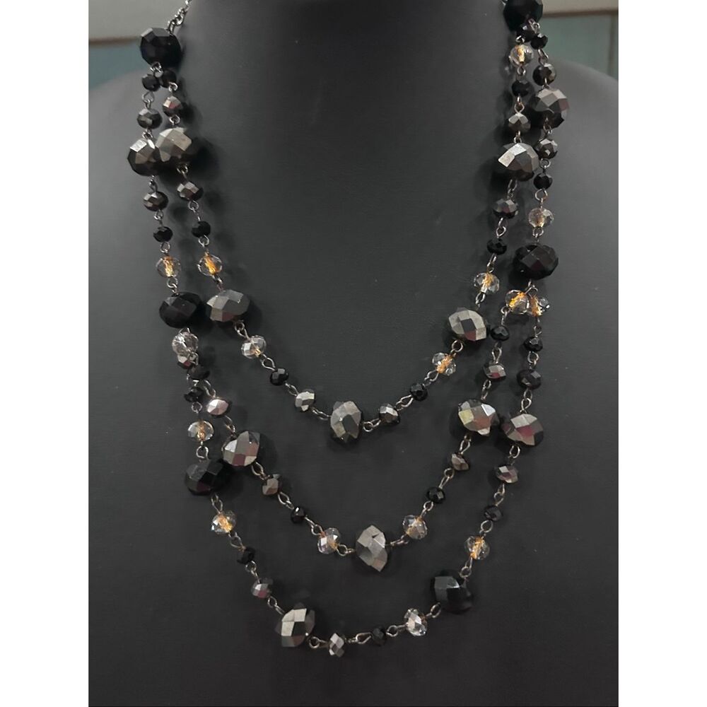 Vintage Beaded Necklace Women's 19" Black Gray Silver Multi-strand Glass Beads